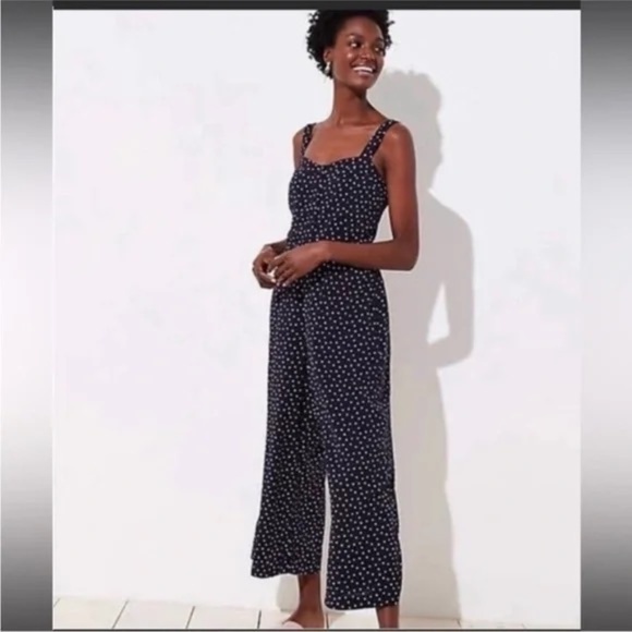 Loft Navy with White Polka Dots Jumpsuit wide leg smocked back size small - Picture 1 of 13